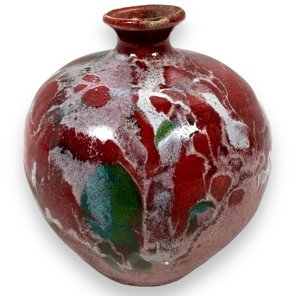 Vintage Cooper Mays NC Bud Vase Red Art Pottery Abstract Stoneware 4” Glaze - Picture 1 of 9